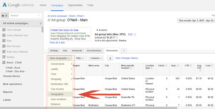 Google AdWords Dimensions Tab Sort Geographically