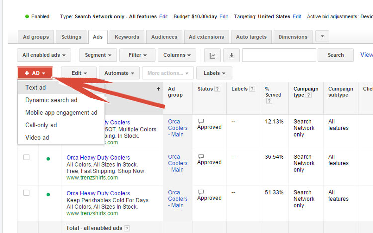 Selecting Ad Type In Google AdWords